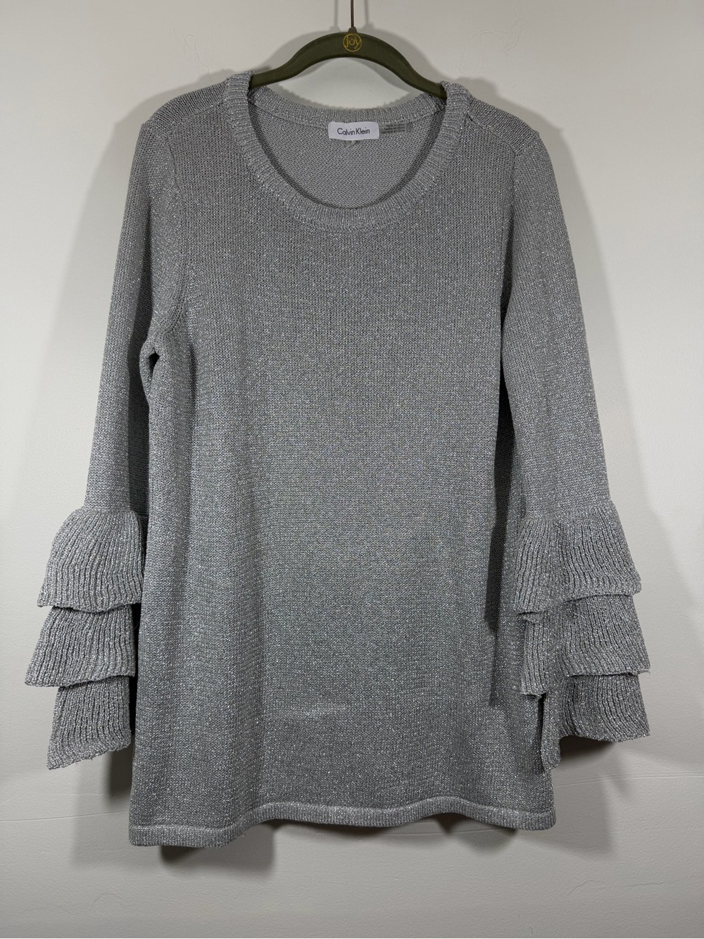 Calvin Klein Silver Gray Ruffle-Tier Crewneck Sweater